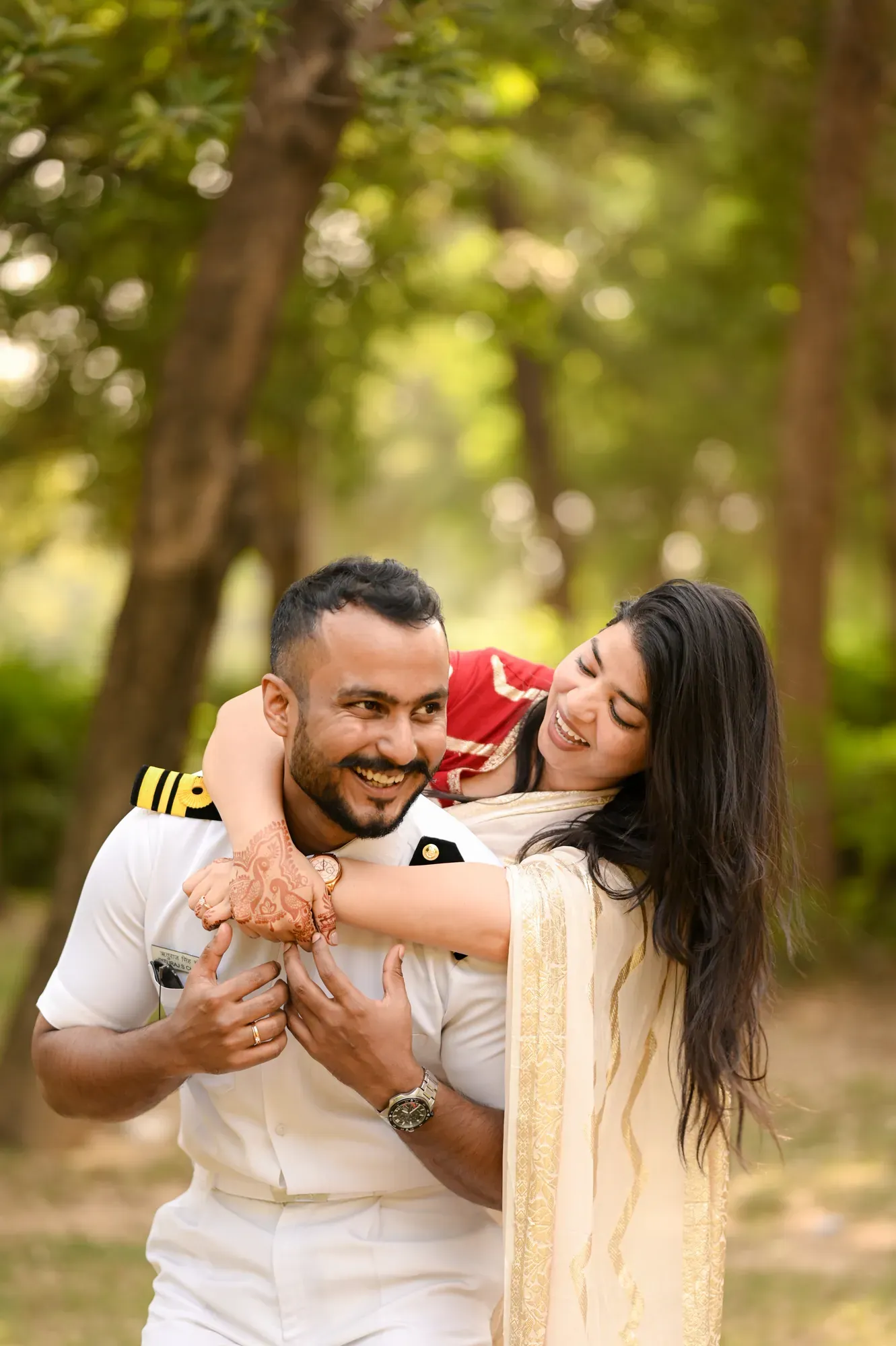 Newlywed couple portrait during golden hour